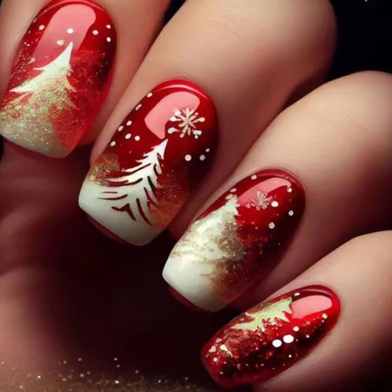 Christmas Snowflake Press On Nails 24pcs Red Gold Holiday Press On Nails Nixie