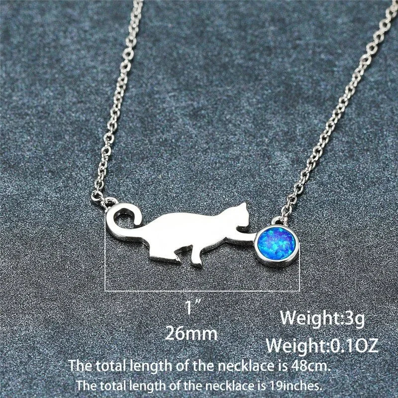 Blue Opal Cat Pendant Necklace – Silver Chain Women's Jewelry Pendant Necklace Nixie