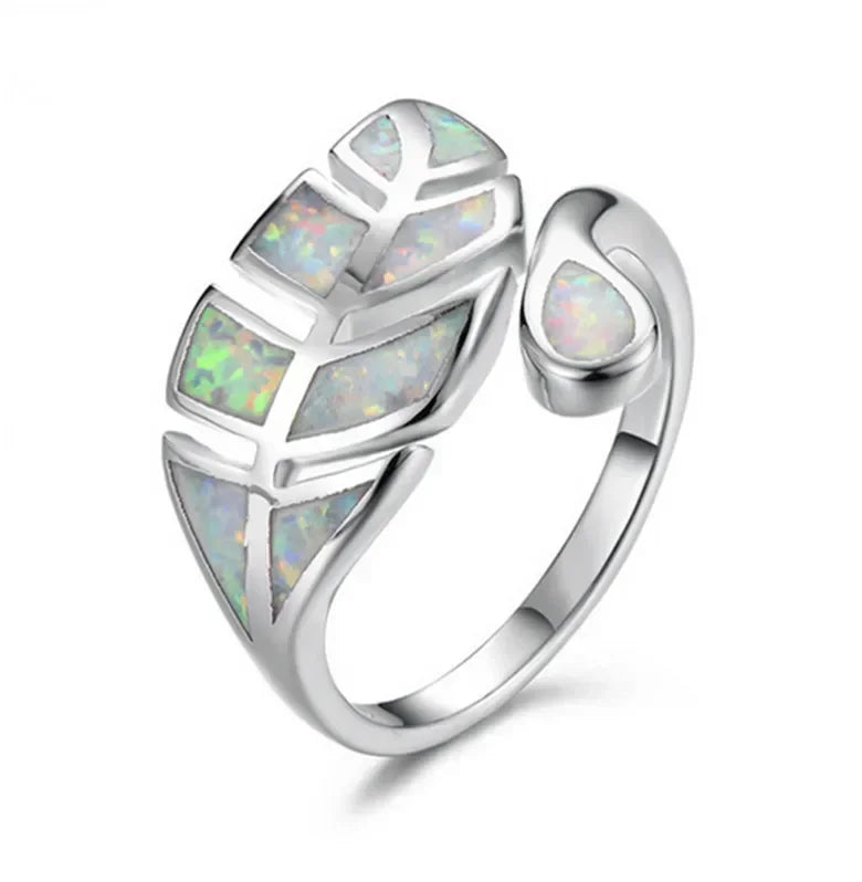 White Simulated Opal Leaves Ring | Adjustable Silver Band Fashion Ring Nixie