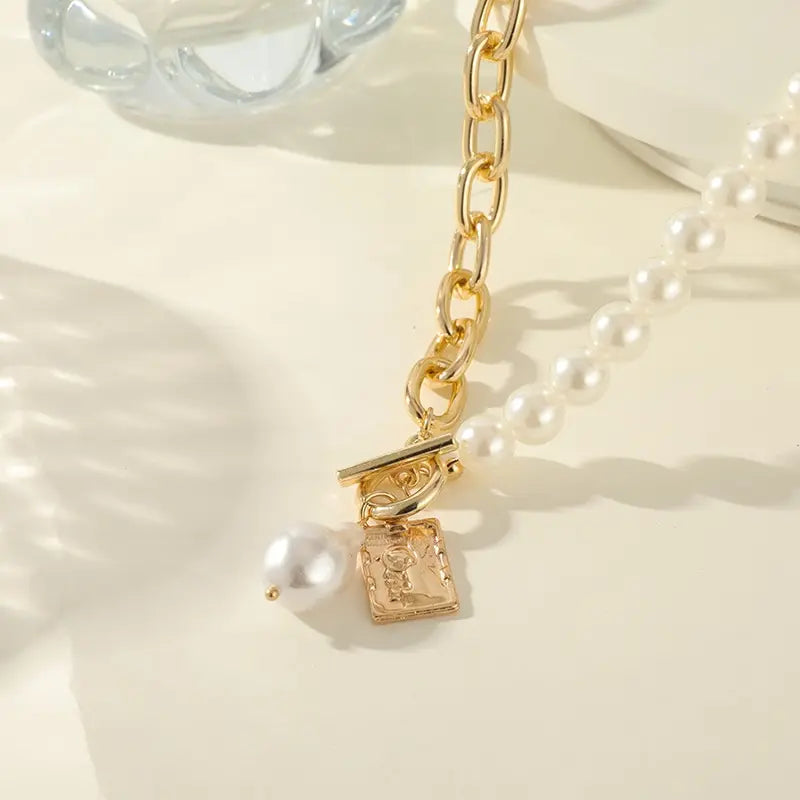 2PCS Gold Hip Hop Baroque Faux Pearl Pendant Necklaces Set Pendant Necklace Set Nixie