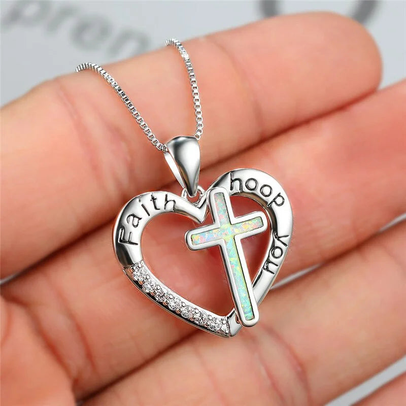Vintage Cross Imitation Opal Pendant Necklace | Silver Chain Pendant Necklace Nixie Blue Zinc