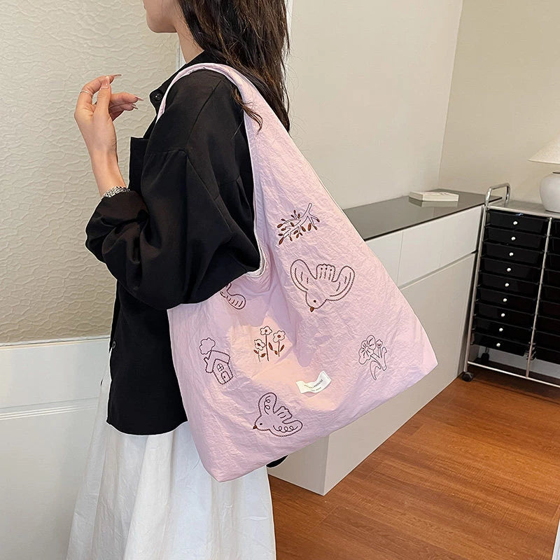 Women's Bird Embroidery Nylon Underarm Shoulder Bag | Nixie Shoulder Handbag Nixie