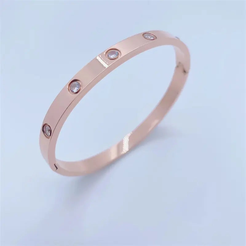 Rose Gold Stainless Steel Bangle Bracelet | Oval Crystal Accents Bangle Bracelet Nixie