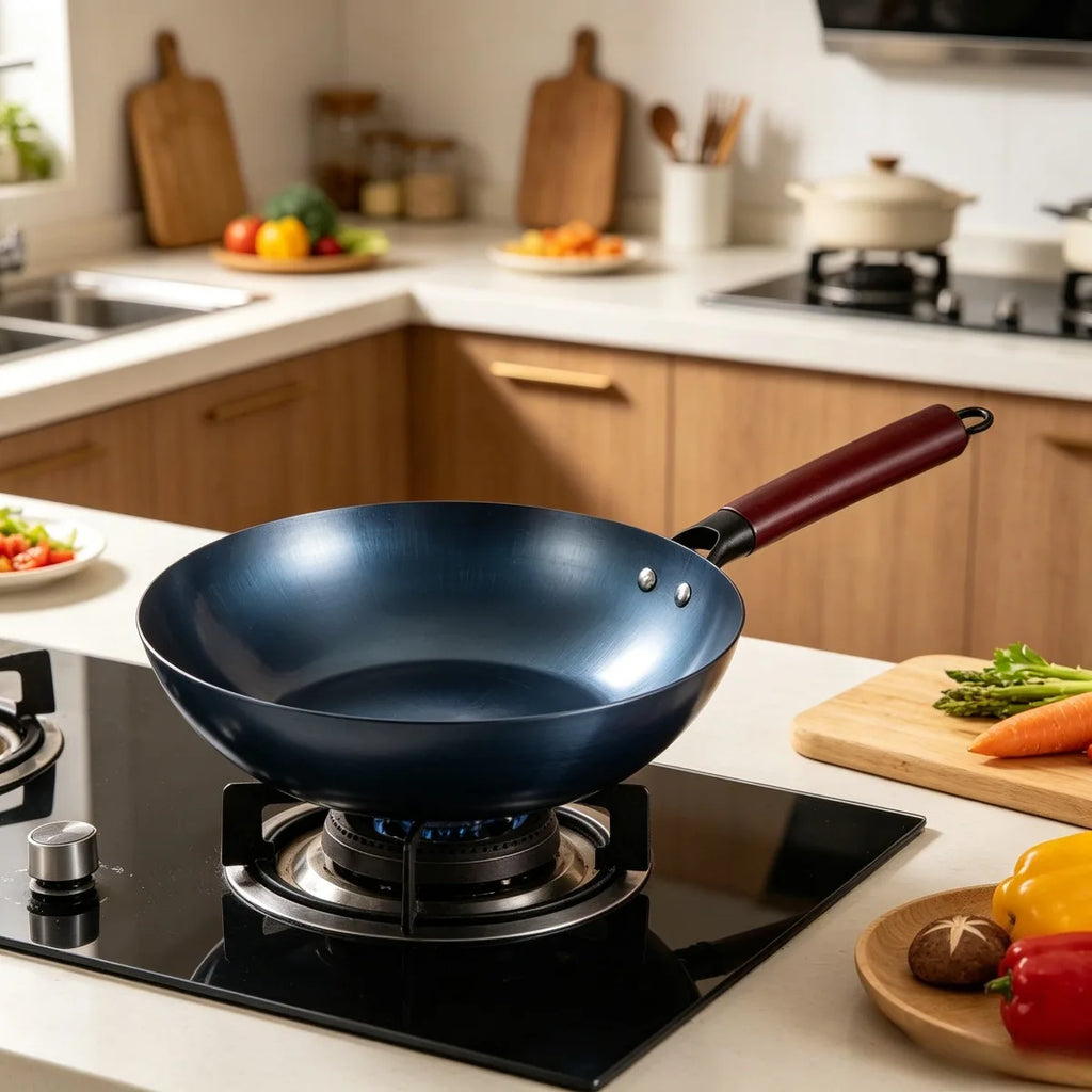FEB.WIND 30cm Hand-Forged Iron Wok – Uncoated, Wooden Handle