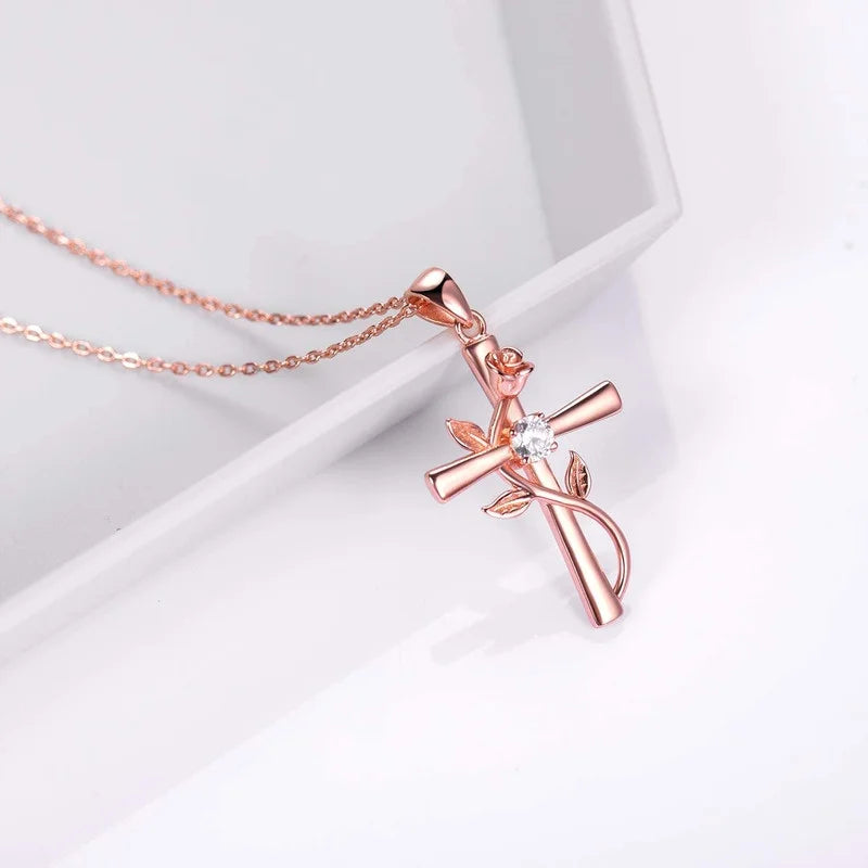 Rose Cross Glass Pendant Necklace – Romantic Flower Jewelry Pendant Necklace Nixie