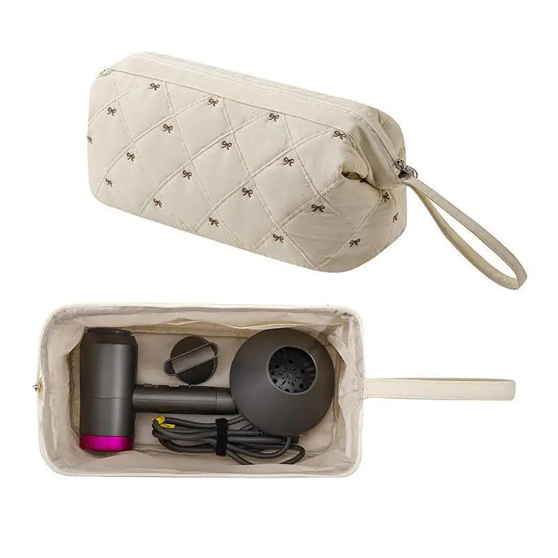 Quilted Hair Dryer Bag – Bow Embroidery Travel Storage Organizer