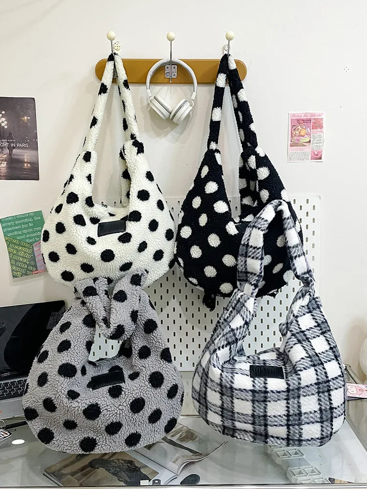 Bowknot Plush Polka Dot Tote Bag – Large Crossbody for Women Women's Shoulder Bag Nixie