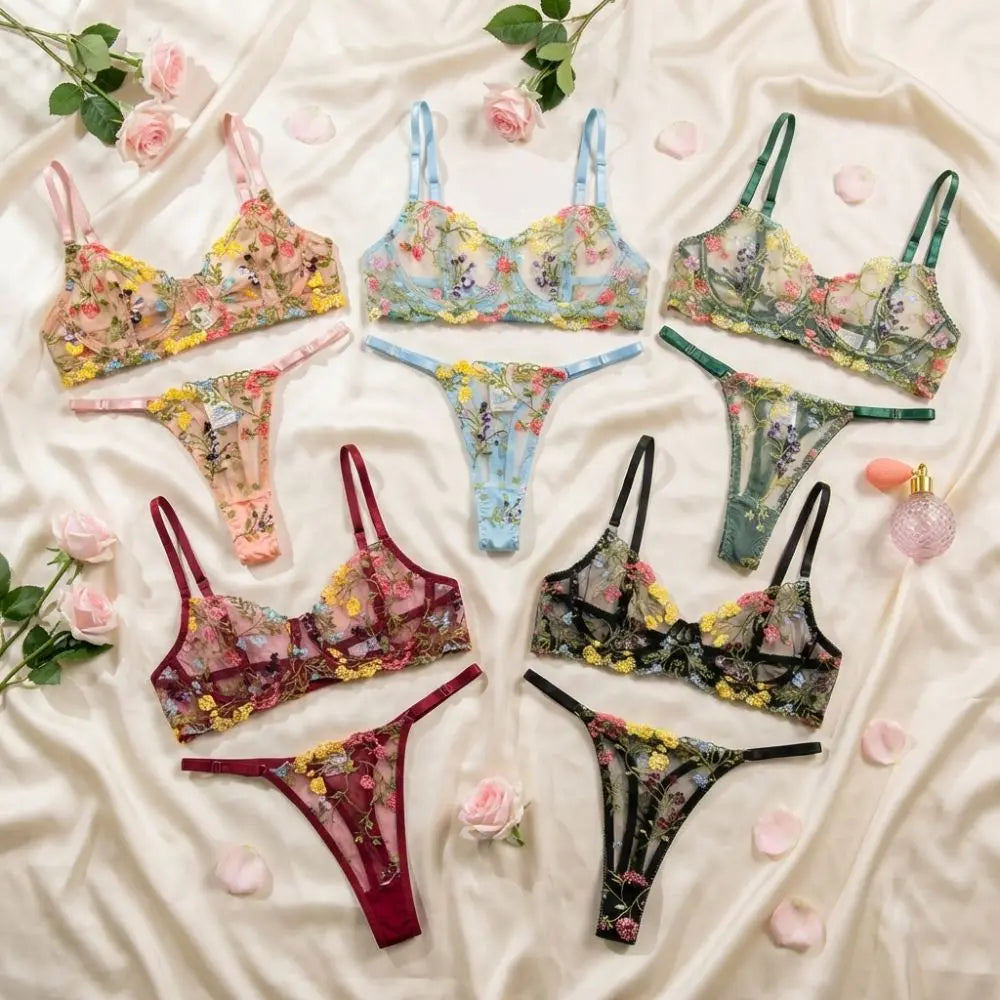 2-Piece Floral Embroidery Lingerie Set – Underwire Bra & Panty Lingerie Bra Set Nixie