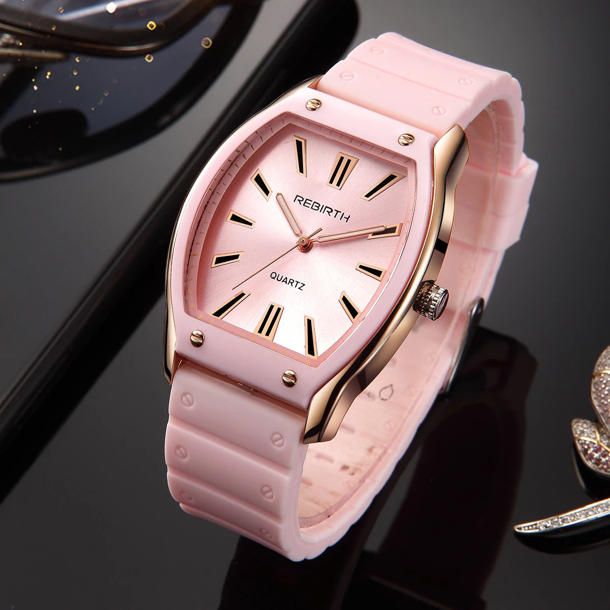 REBIRTH Unisex Casual Quartz Watch – Silicone Strap Tonneau Dial Casual Quartz Watch Nixie