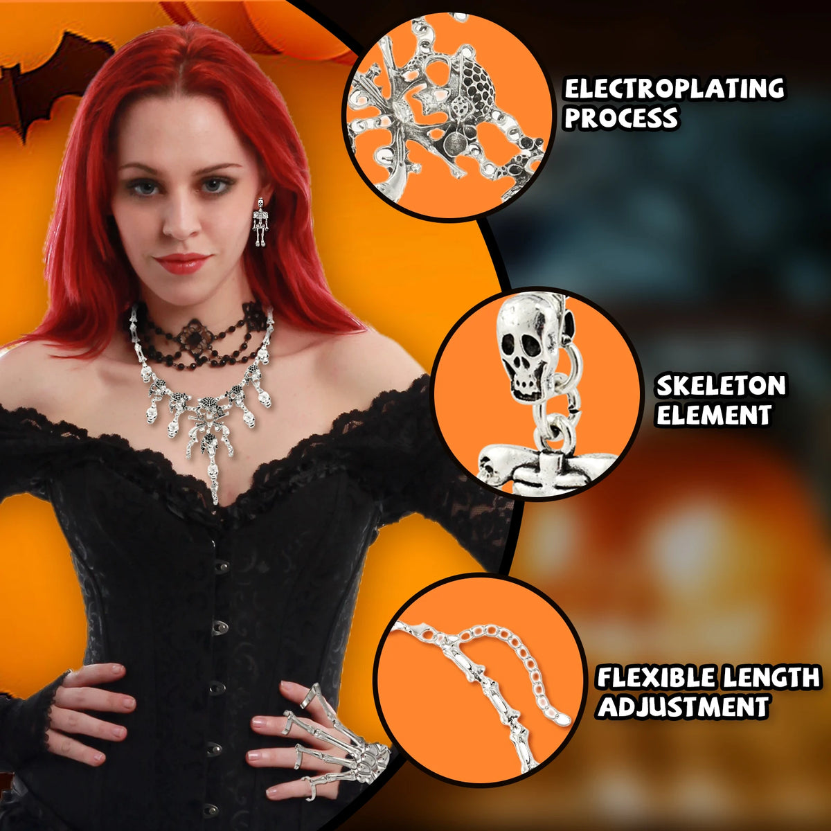 4Pc Halloween Skeleton Jewelry Set – Silver Necklace & Earrings Halloween Jewelry Set Nixie