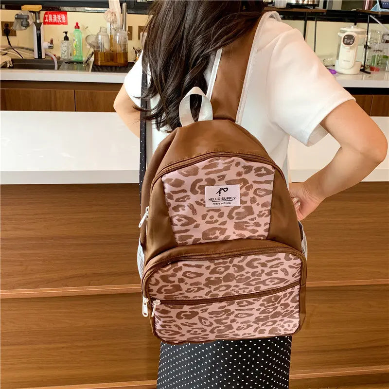 Korean Leopard Print Backpack – Cute Color-Block Women's Bag