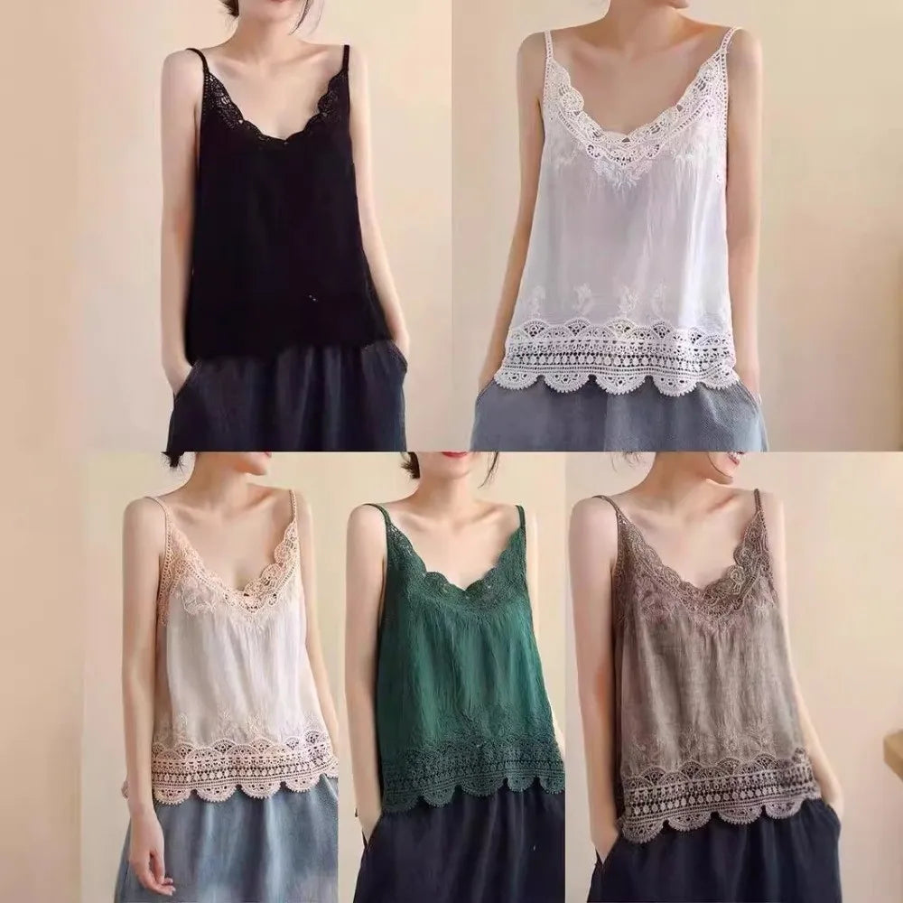 Retro Bohemian Embroidered Cotton Camisole | Spaghetti Strap Top Camisole Top Nixie