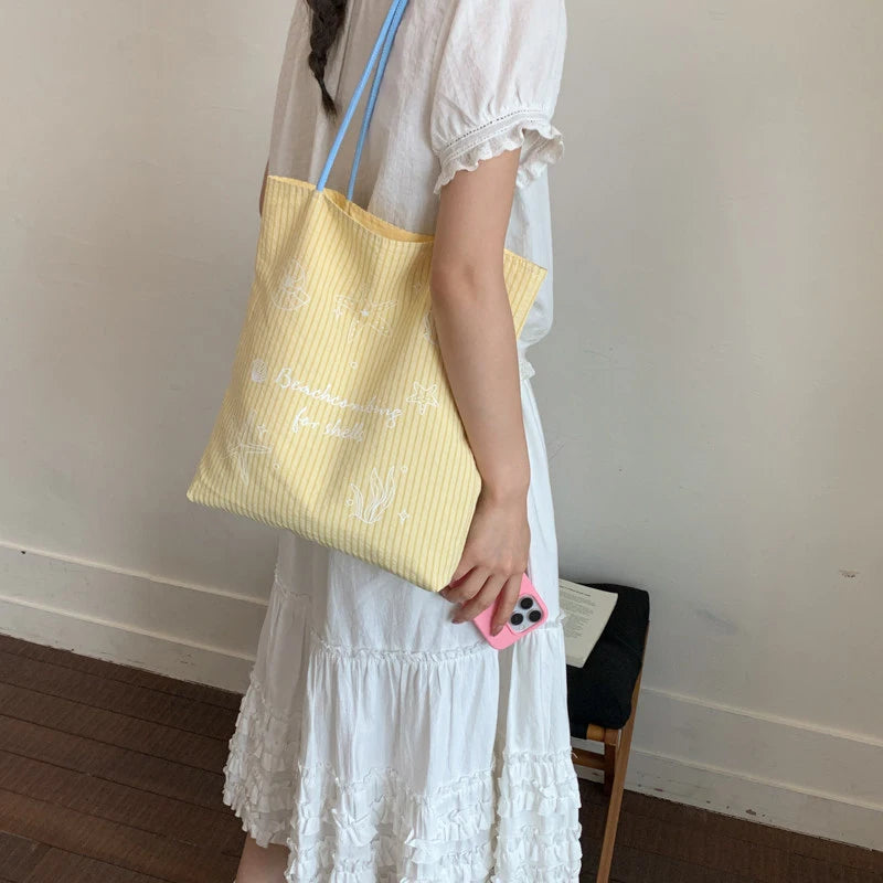 Women's Large Canvas Striped Tote Shoulder Bag | Korean Style Canvas Tote Bag Nixie