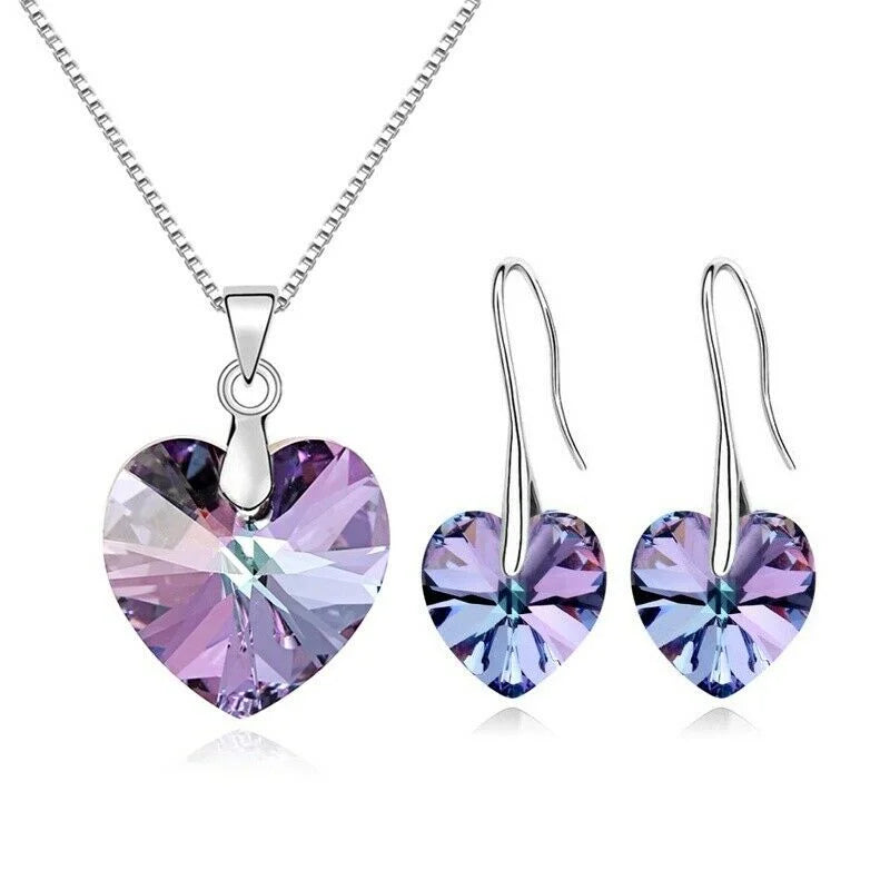 Purple Heart Necklace & Earrings Set – Rhinestone Crystal Jewelry Crystal Jewelry Set Nixie PURPLE