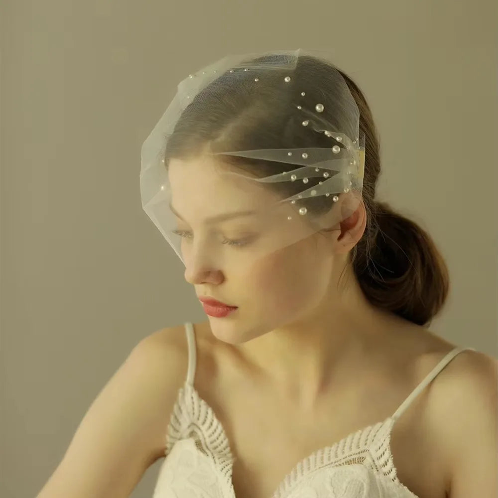 Handmade Pearl Bridal Veil – Short Soft Tulle Blusher Veil Bridal Veil Nixie White