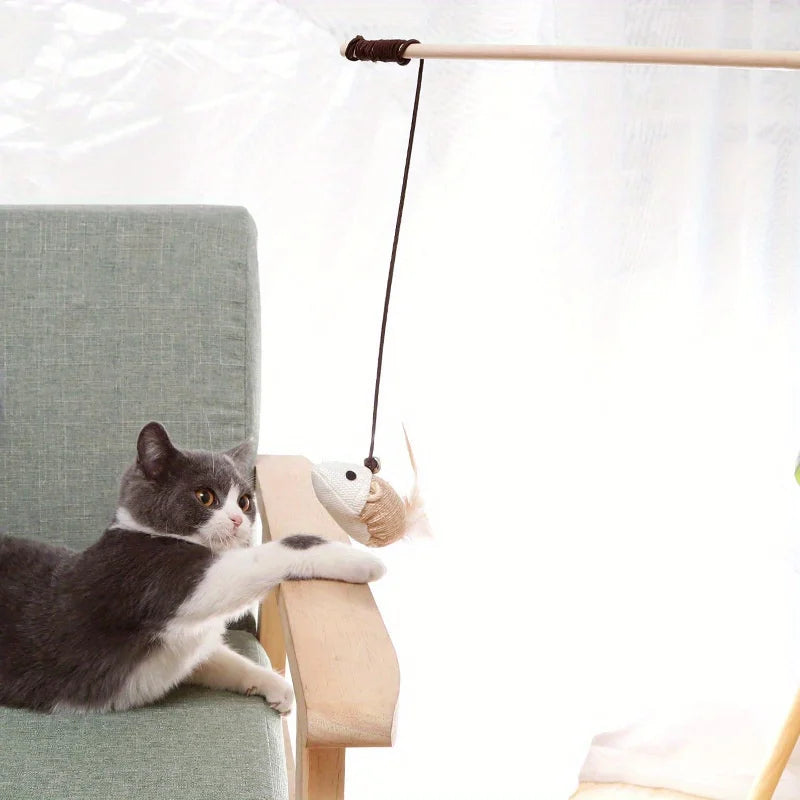 Wooden Cat Teaser Wand Toy – Feather Bell & Mouse Lure Cat Teaser Toy Nixie