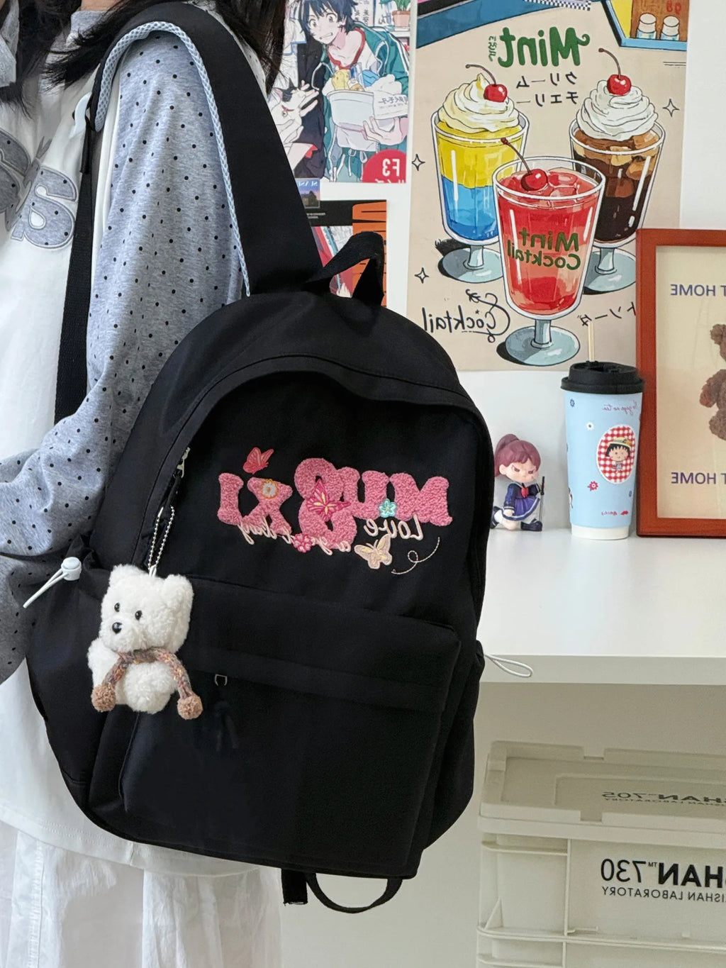 Embroidered College Backpack for Girls – Lightweight & Waterproof Embroidered Backpack Nixie Black