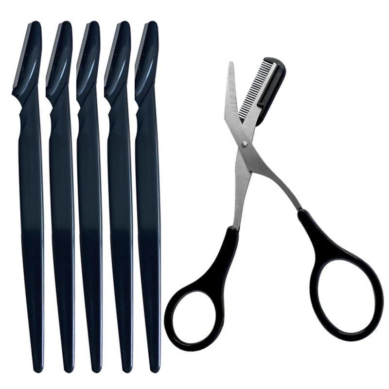 Eyebrow Trimming Razor & Scissors Set – Safe Grooming Kit Eyebrow Grooming Set Nixie 6pcs Black