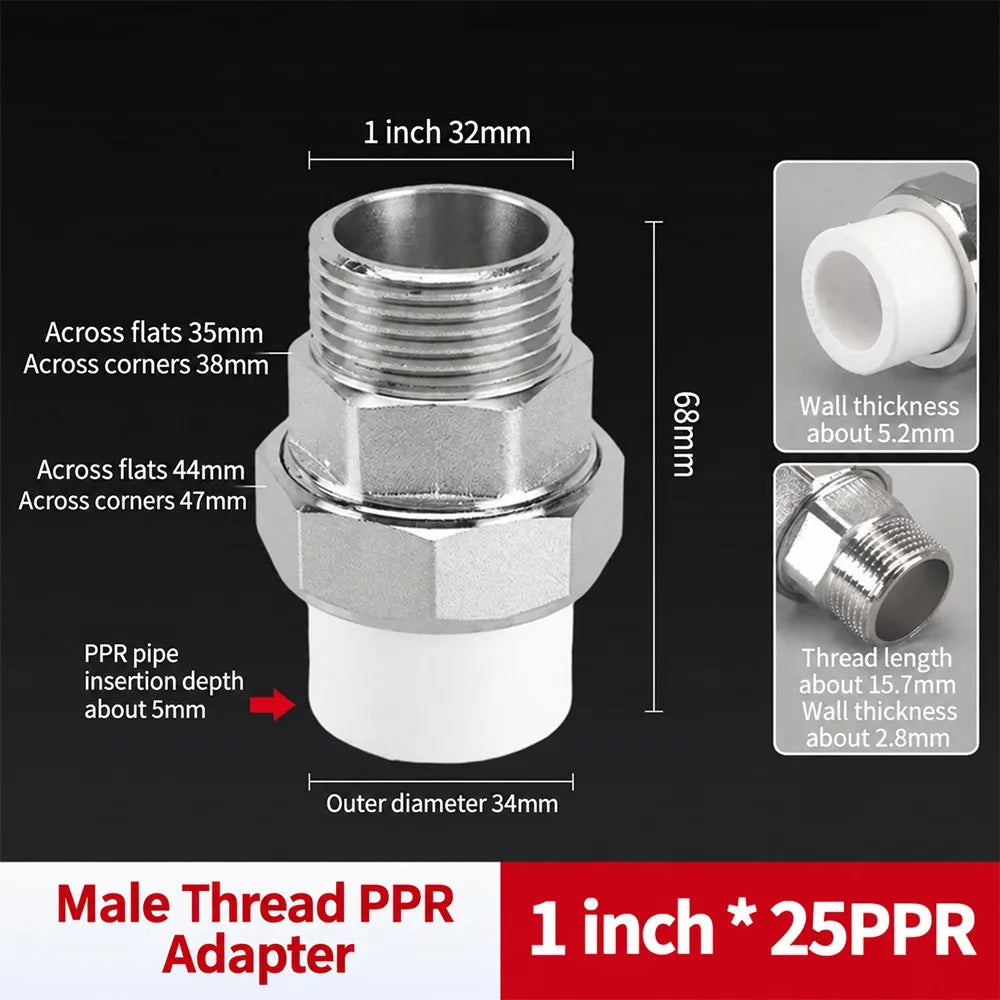 PPR Pipe Connector Stainless Steel Thread Fitting 1/2" 3/4" 1" PPR Pipe Fitting Nixie M PPR25-1-
