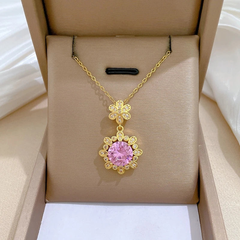 Pink Flower Zircon Pendant Necklace – Gold Plated for Women Pendant Necklace Nixie