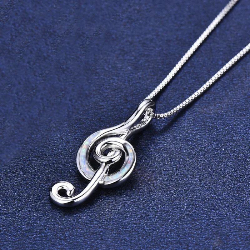 Music Note Opal Pendant Necklace – Silver Blue White Pendant Necklace Nixie