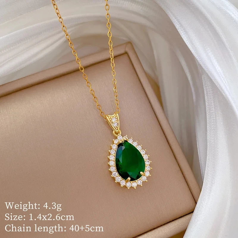 Green Copper Pendant Necklace | Stainless Steel Clavicle Chain
