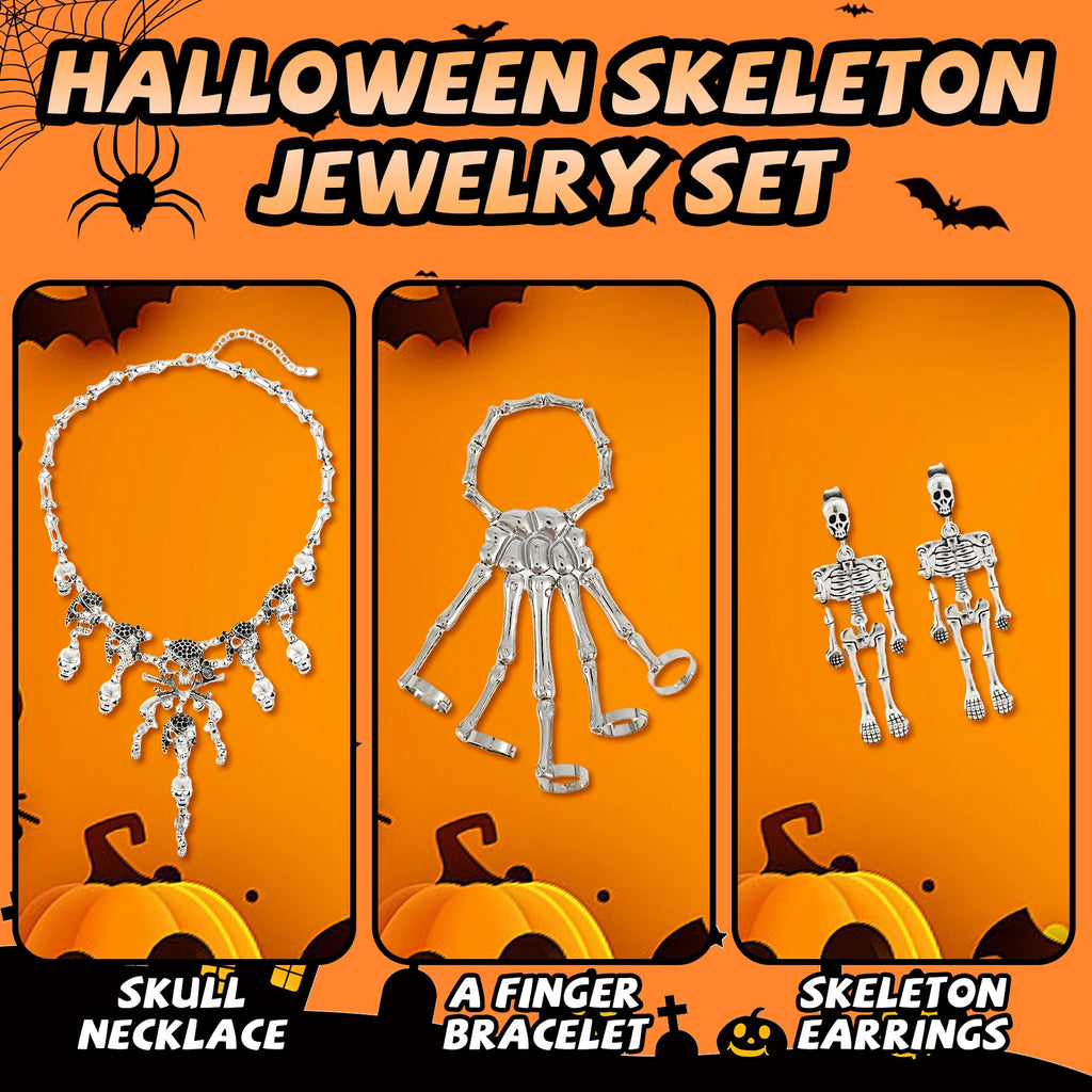 4Pc Halloween Skeleton Jewelry Set – Silver Necklace & Earrings Halloween Jewelry Set Nixie