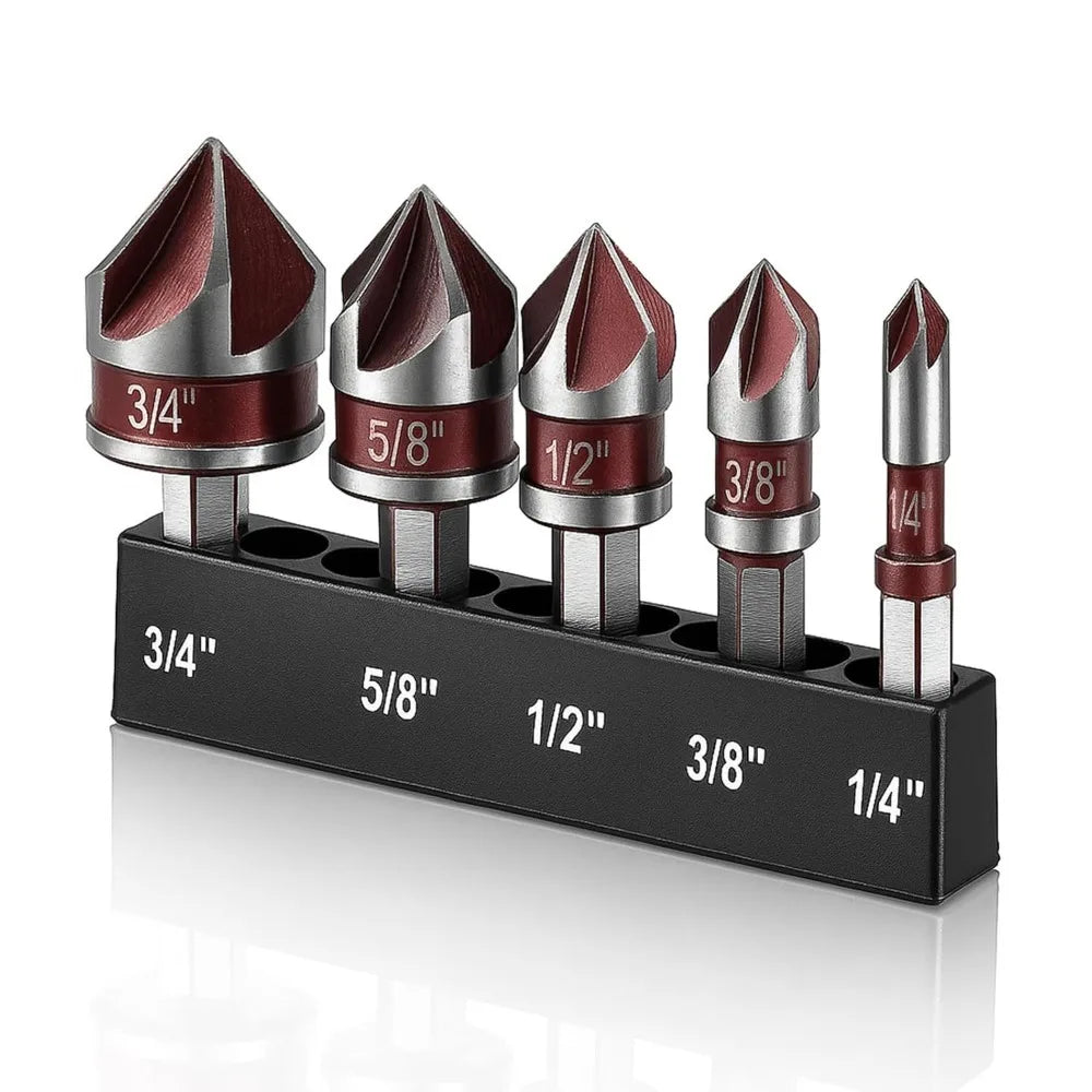5-Piece Countersink Drill Bit Set | 1/4"–3/4" Hex Shank Countersink Drill Bits Nixie Brown