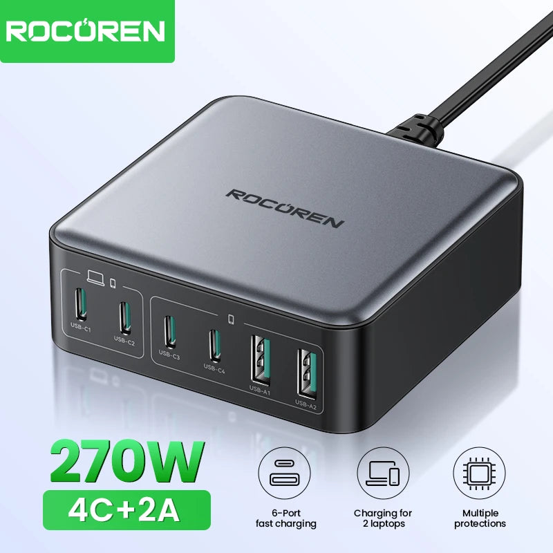 Rocoren 200W GaN Charger 6-Port USB-C PD Fast Charging Station GaN Charging Station Nixie