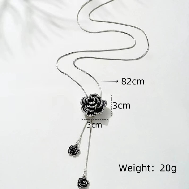 Black Rose Flower Long Pendant Necklace | Crystal Sweater Chain Pendant Necklace Nixie