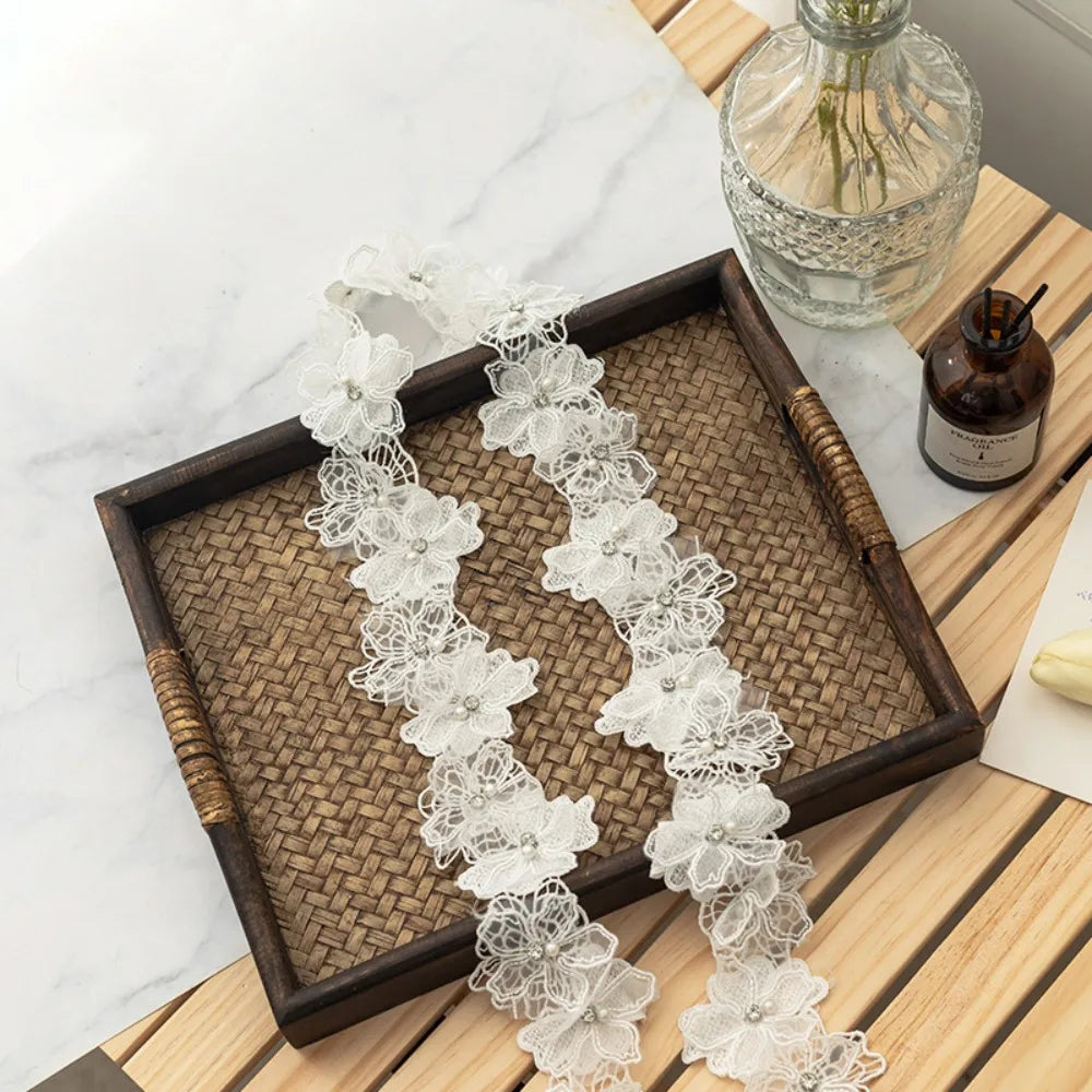 3D Pearl Bead Floral Lace Trim Ribbon | DIY Fabric Applique Lace Trim Ribbon Nixie L 1yard white