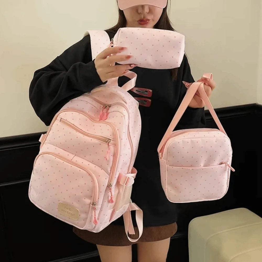 Nylon Polka Dot Girls Backpack Set – Multi Compartment School Bag