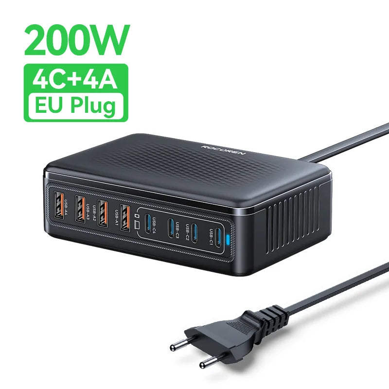 Rocoren 200W GaN 8-in-1 Desktop USB-C Fast Charging Station GaN Desktop Charger Nixie EU Plug