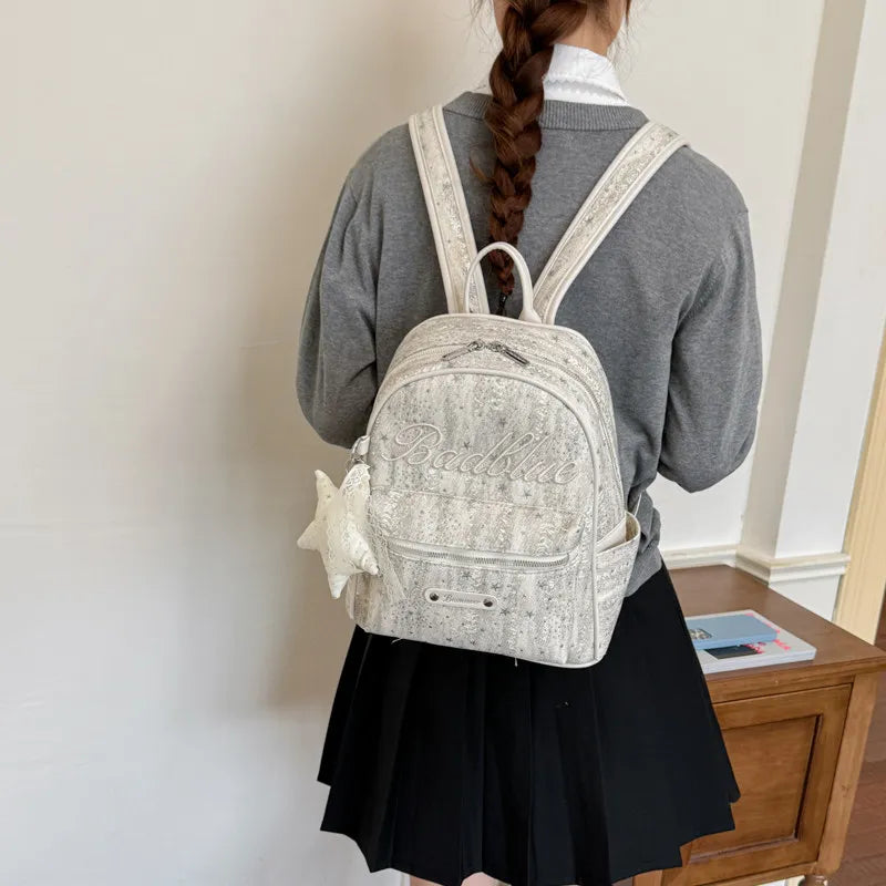Korean Star-Embroidered Backpack – Large Capacity Women's Bag Women's Backpack Nixie white