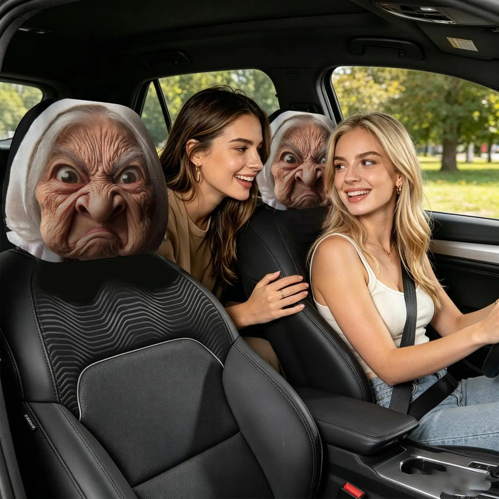 Funny Granny Face Car Headrest Covers 2Pcs – Universal Fit