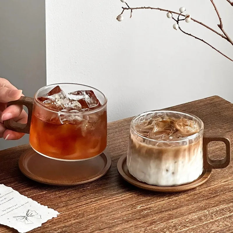 Vintage Glass Coffee Cup & Saucer Set 240ml | Wooden Handle