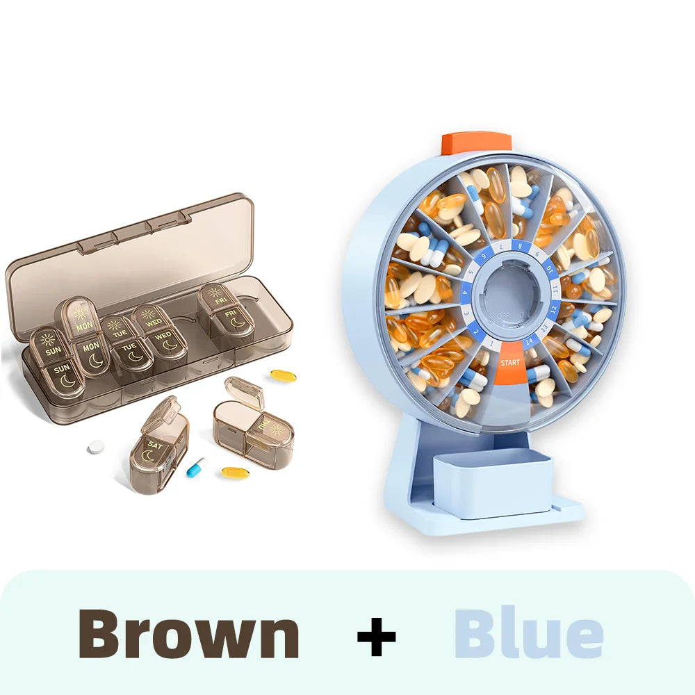 14-Day & 7-Day Pill Organizer Set – Home & Travel Case Pill Organizer Set Nixie Brown-Blue