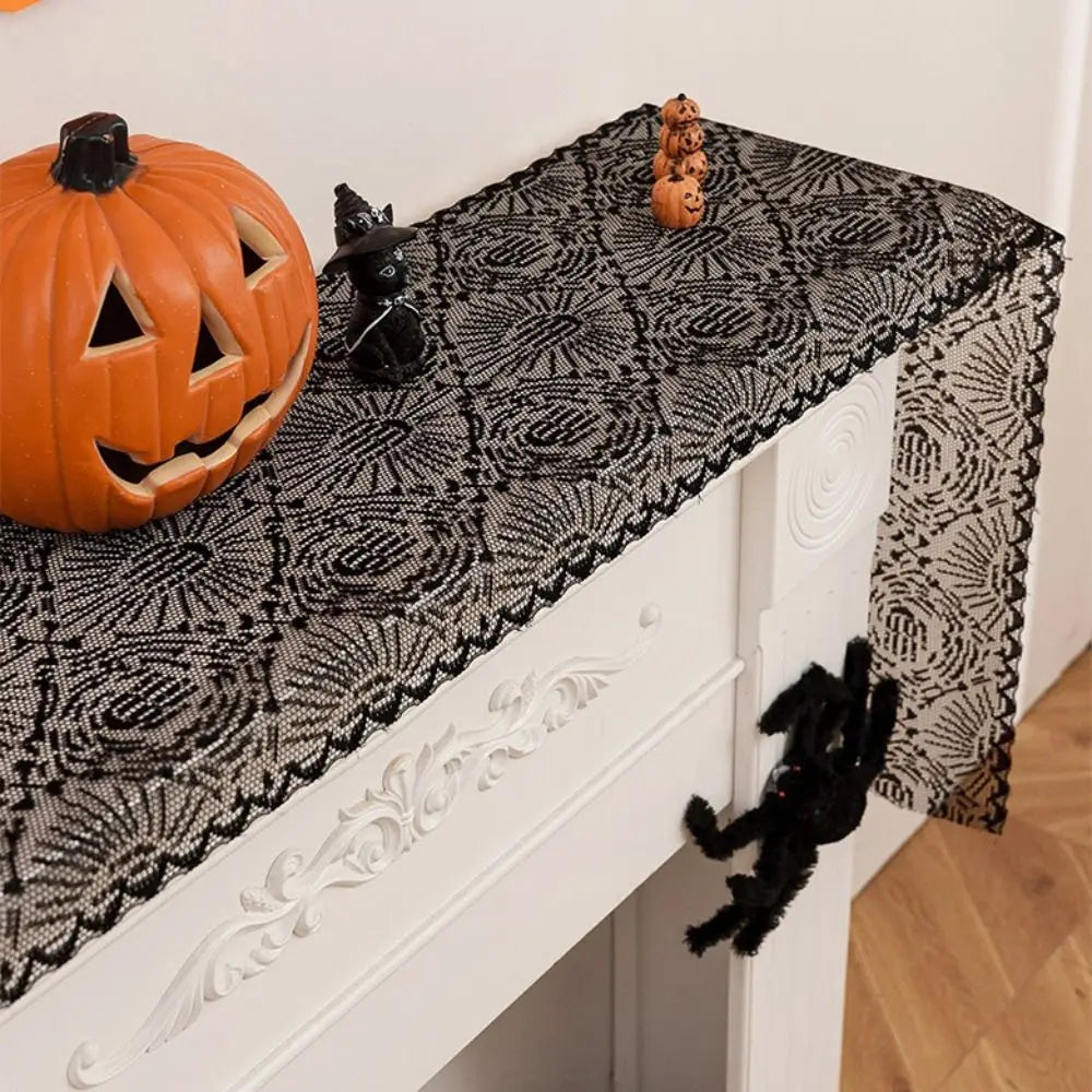 Black Halloween Lace Table Runner – Gothic Spider Web Cobweb