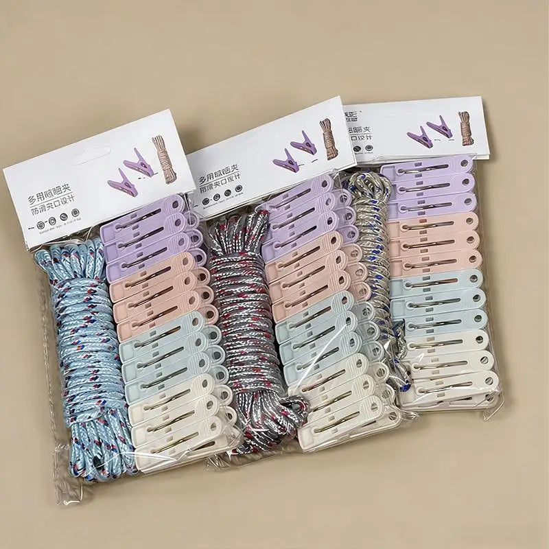 12-Clip Colorful Windproof Clothesline Set – Nylon Drying Clips Clothesline & Clip Set Nixie