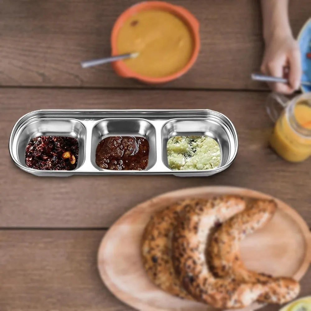 3-Compartment Stainless Steel Condiment Dip Bowls – BBQ Condiment Dip Dish Nixie