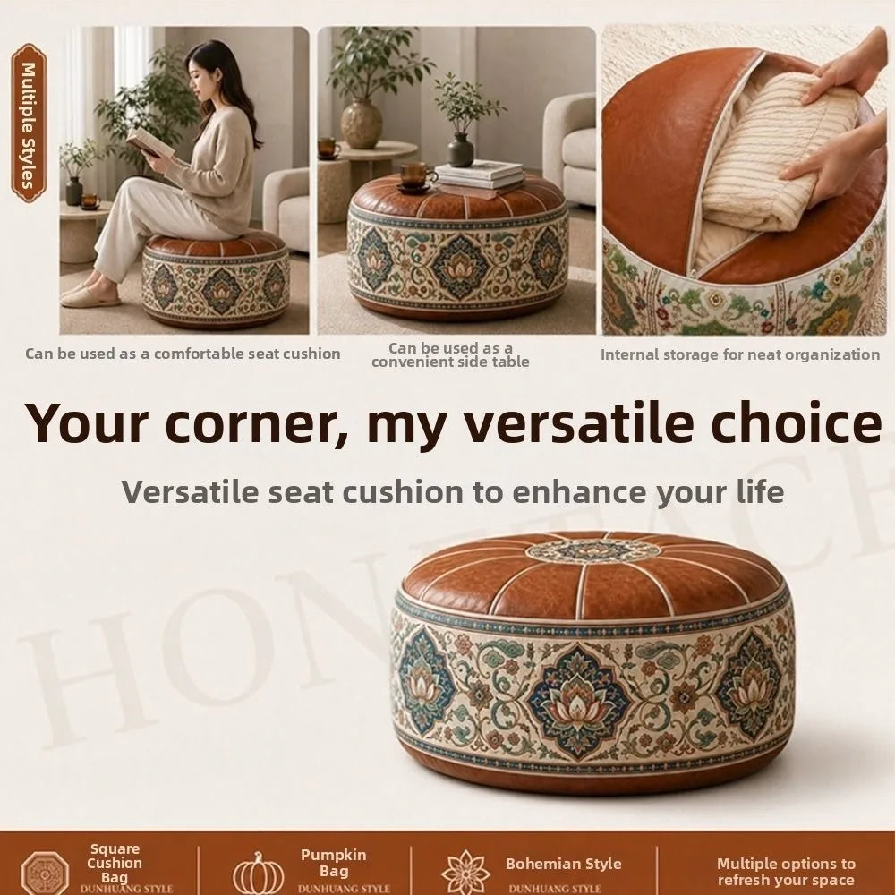 Boho Round Ottoman Pouf Cover – Fillable PU Leather Footstool Ottoman Pouf Cover Nixie