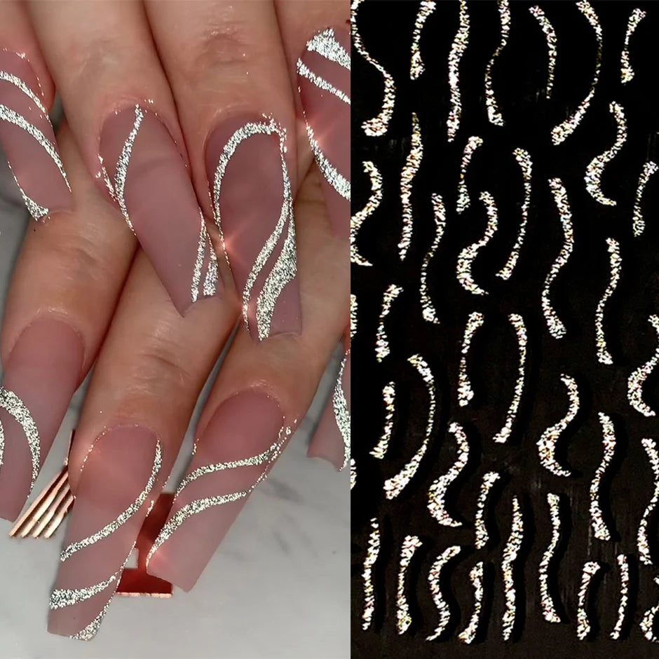 6 Sheet French 3D Nail Decals Reflective Glitter Stripe Stickers Nail Art Stickers Nixie