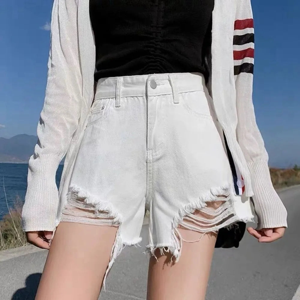 Women's High Waist Ripped Denim Shorts | Stretchy Frayed Hem Women's Denim Shorts Nixie