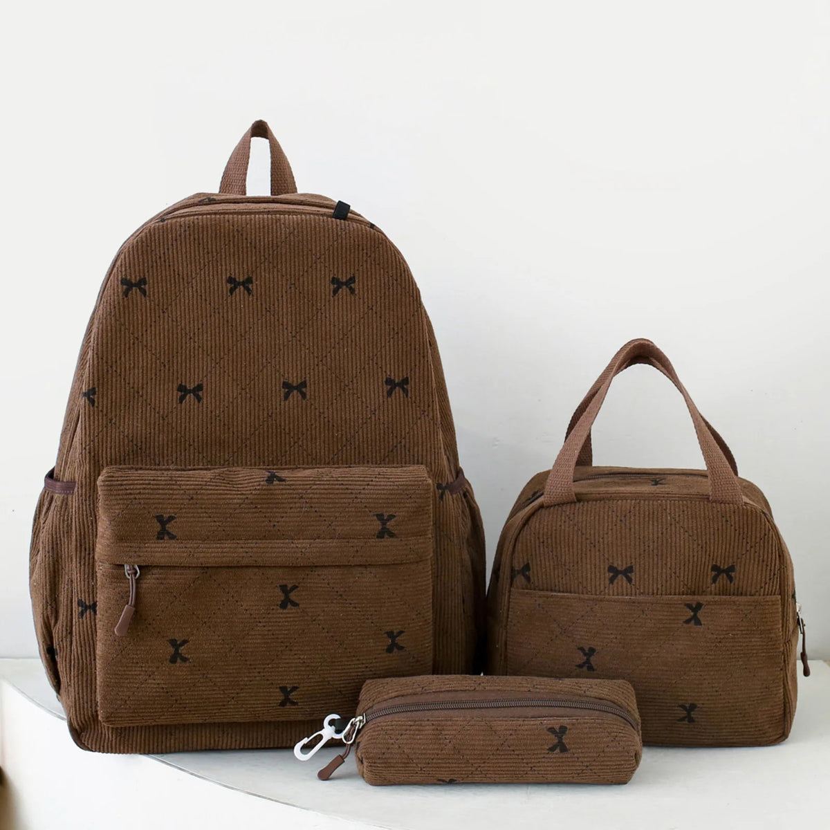 Corduroy Bow Aesthetic Backpack & Lunch Bag Set for Women Aesthetic Backpack Set Nixie Brown