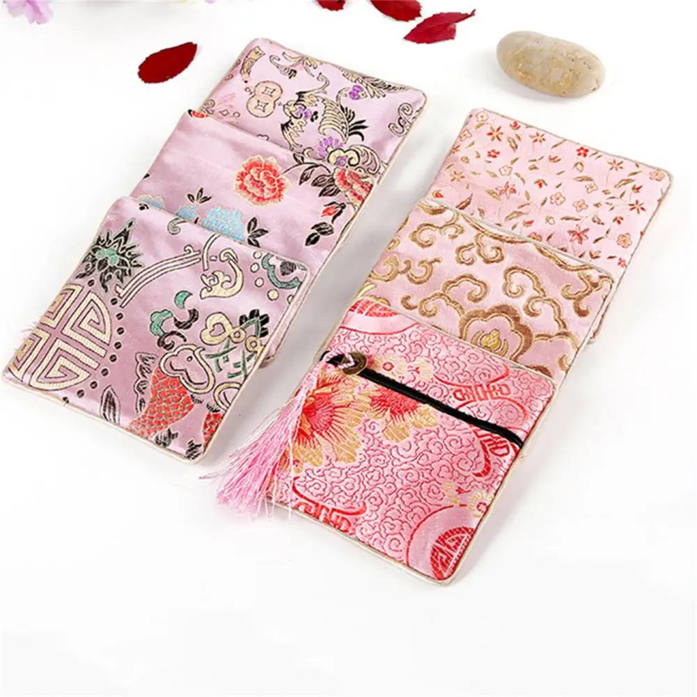 Chinese Brocade Embroidered Tassel Coin & Jewelry Pouch Brocade Zipper Pouch Nixie