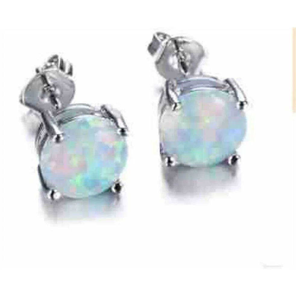 Silver Round Simulated Opal Stud Earrings | Gift for Girls