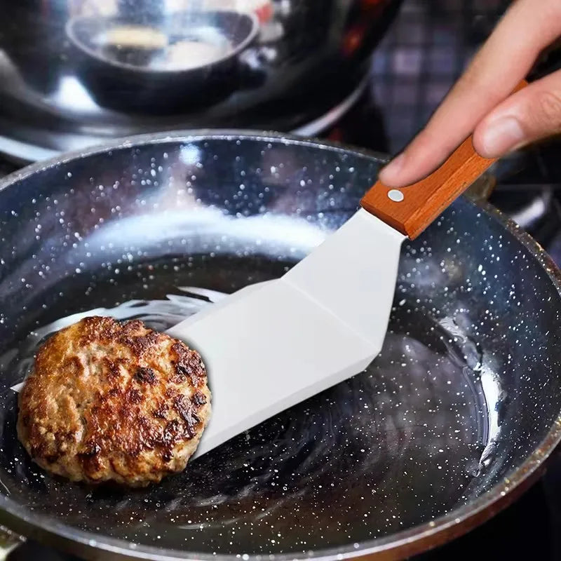 Stainless Steel Square Spatula Wood Handle BBQ Turner Scraper Cooking Spatula Nixie