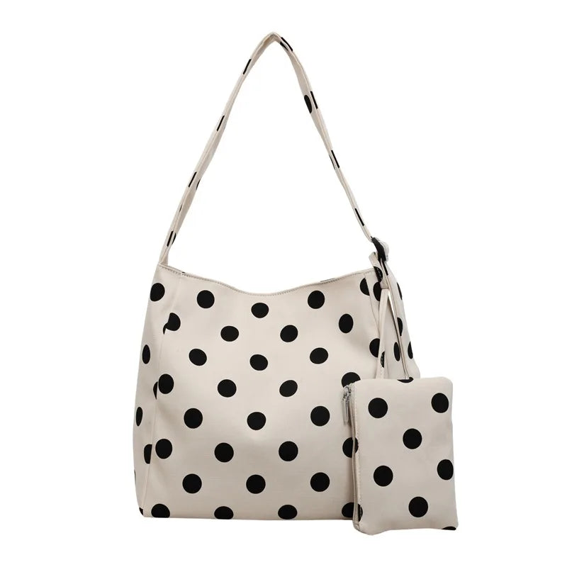 Women's Large Capacity Polka Dot Canvas Tote Shoulder Bag Canvas Tote Bag Nixie BB-1460white polka d