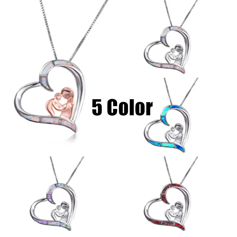 Mom & Baby Heart Pendant Necklace – Fire Opal, 5 Colors Pendant Necklace Nixie