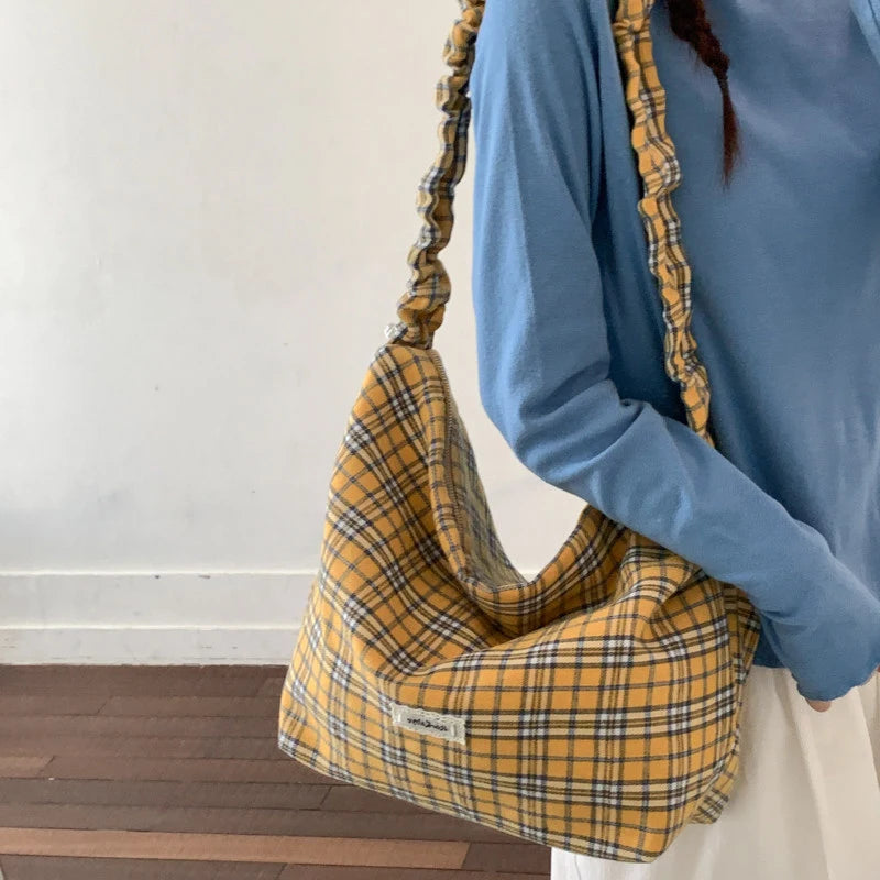 Vintage Plaid Canvas Tote Bag – Large Shoulder Crossbody Bag Canvas Tote Bag Nixie